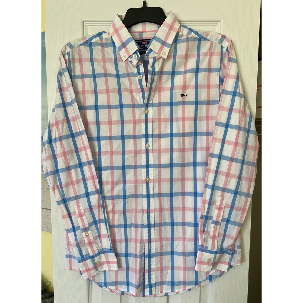 Vineyard Vines Mens Shirt Med Pink Blue Plaid Check Long Sleeve Button Down Prep